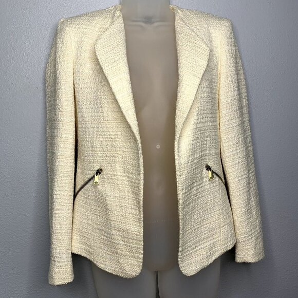 Zara Basic Open Front Long Sleeve Lined Blazer Jacket SZ XS Ivory Pockets - Picture 2 of 11